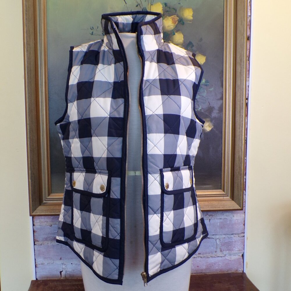 Mercer & Madison Vest Women Size Medium Blue Cream Plaid Quilted Full Zip Pocket